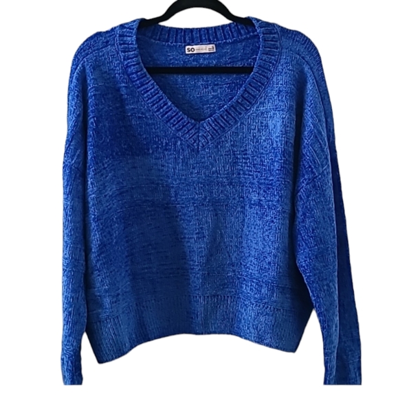 SO BRAND WOMENS JUNIOR CHENILLE BLUE V-NECK PULLOVER SWEATER SIZE XL - Picture 2 of 16